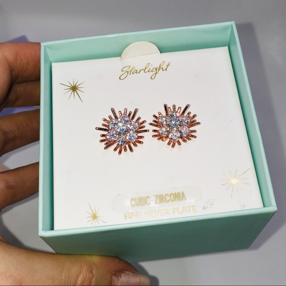 14k rose gold earrings diamond silver studs - Picture 3 of 7